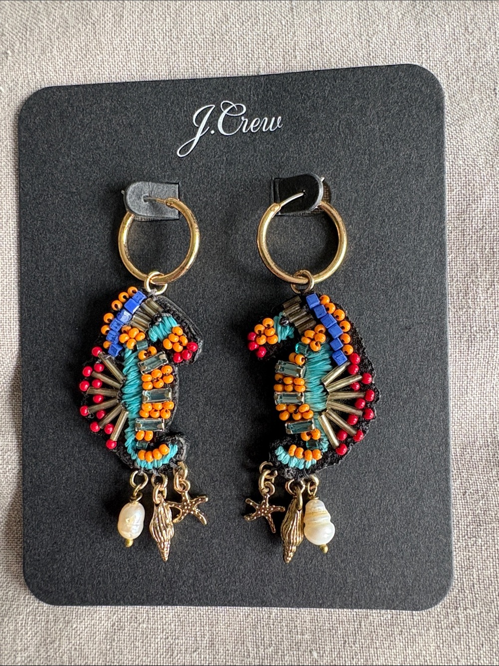 J. Crew Multicolor Beaded Sea Charm Hoop Drop Earrings - Turquoise & Coral